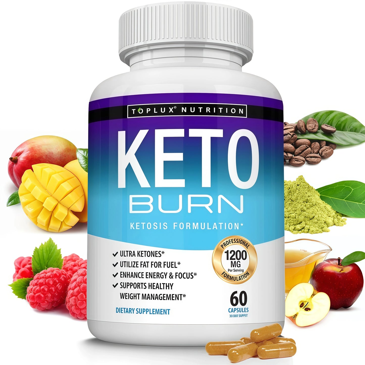 Toplux Keto Burn Pills Ketosis Weight Loss - 1200 Mg Ultra Advanced Natural Ketogenic Fat Burner Using Ketone Diet for Men Women 60 Capsules Supplemen