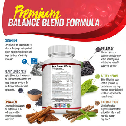 Blood Sugar Complex Supplement - Supports Healthy Blood Sugar Levels Already Within Normal Range All Natural with Cinnamon, Bitter Melon, Chromium, Mulberry, Alpha Lipoic Acid, Non-GMO, 60 Capsules